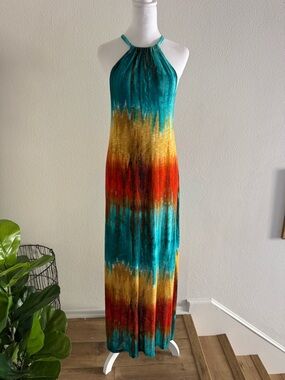 Tommy Bahama Teal, Gold, and Red Halter Maxi Dress
